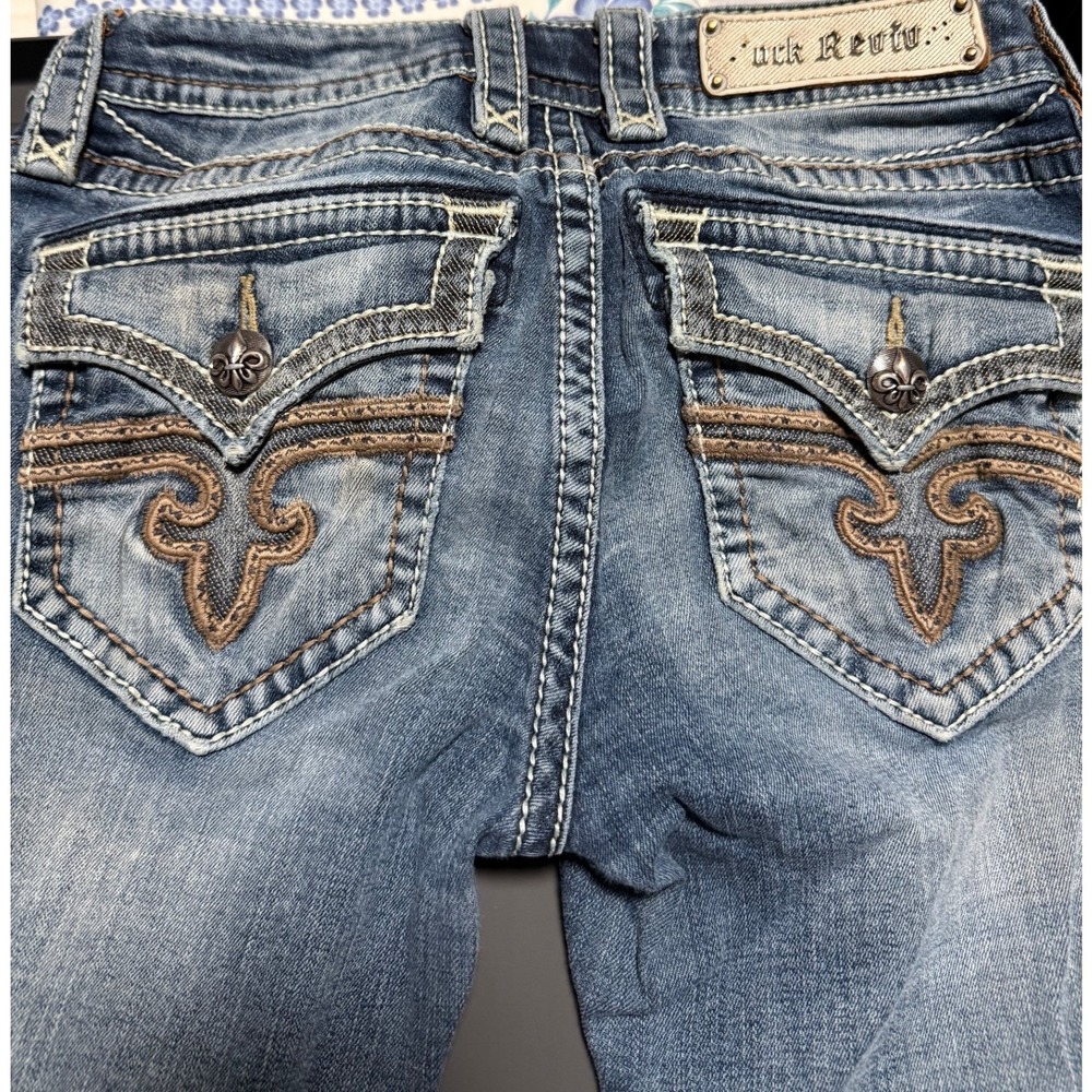 Rock Revival Posey Skinny Jeans Medium Wash Fleur De Lis Flap Pocket Womens 27 - Picture 3 of 8